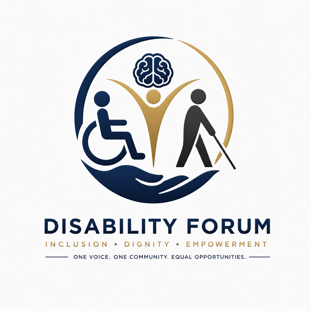 Disability Forum logo: a wheelchair user, a brain, and a person using a white cane, encircled by a hand, in navy and gold. Tagline: Inclusion, dignity, empowerment.